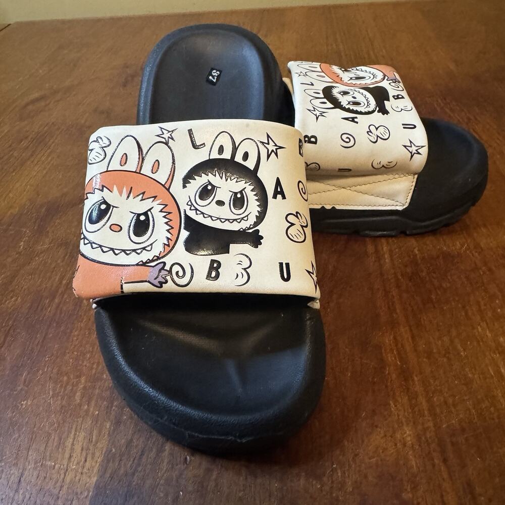Labubu Cartoon Slide Sandals Women’s 6/6.5 Black Platform Slides Cute Graphic